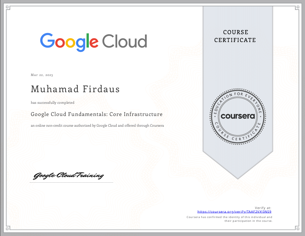 Coursera Google Cloud Fundamentals Certificate