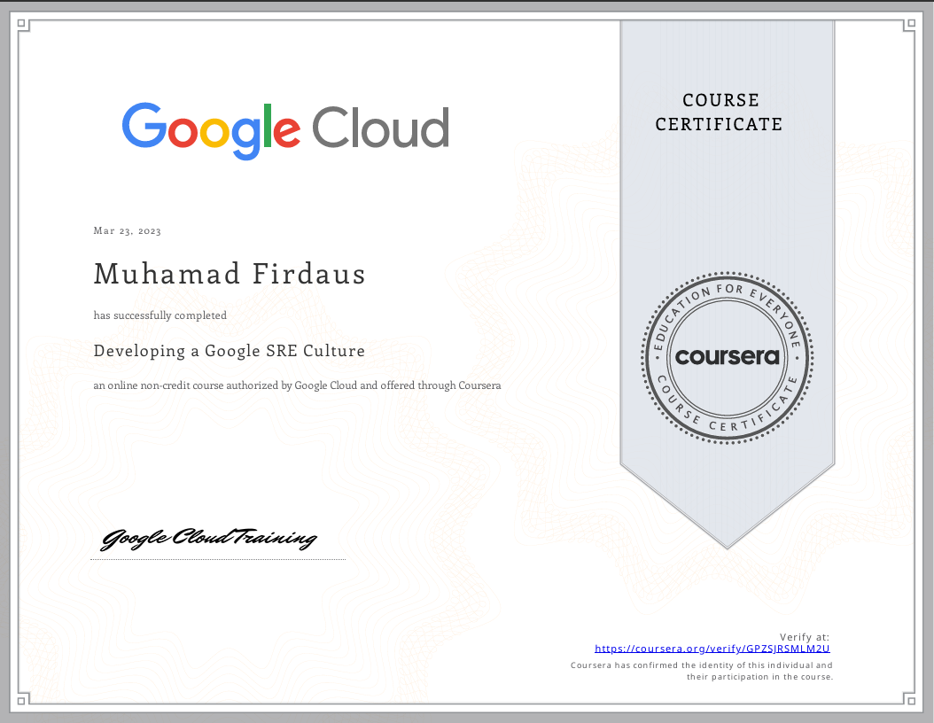 Coursera Google Cloud SRE Culture Certificate
